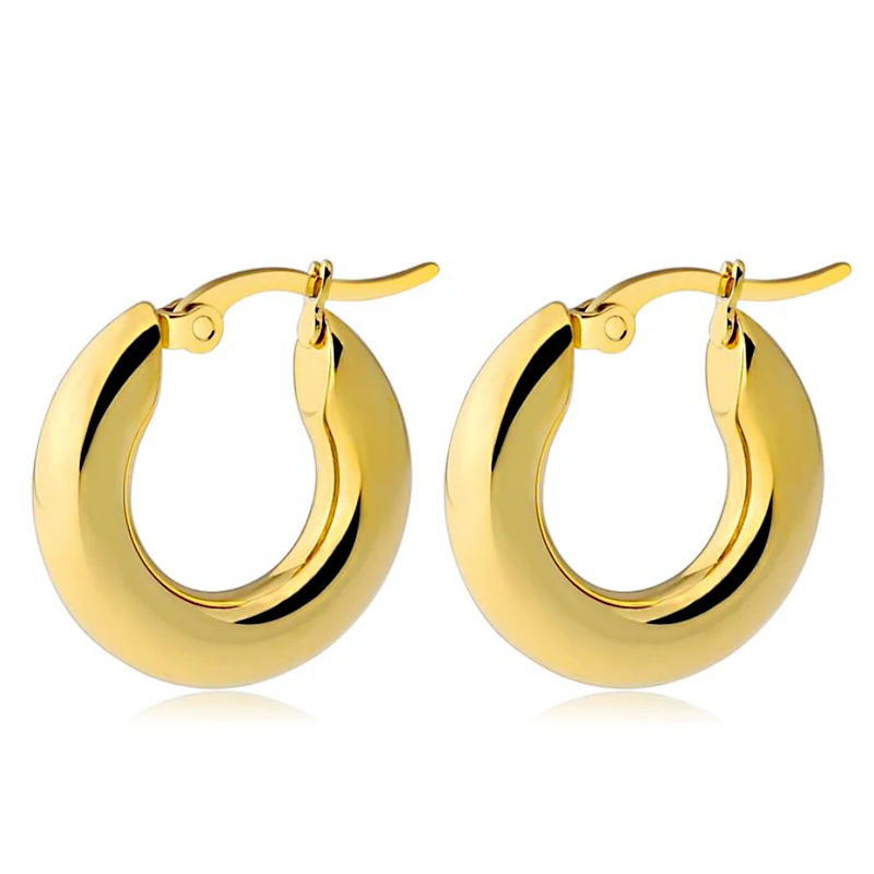 

Factory price 20mm/25mm sizes circle round earrings huggie style stainless steel glossy thick hoop earrings in gold plated