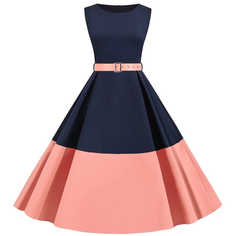 

3XL Summer Women Elegant Vintage Midi Dress Sexy Solid Patchwork A-line Vestidos Sleeveless Party dress Robe Femme
