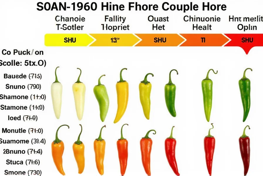 Visual comparison chart showing different pepper varieties arranged by increasing heat levels on the Scoville scale with corresponding SHU values