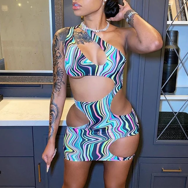 

FS2434D Summer Colorful Mini Dress Women Bodycon Streetwear One Shoulder Club Party dresses