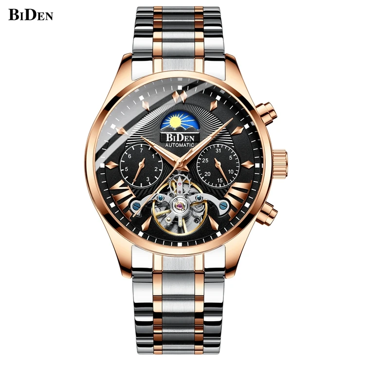 

BIDEN 0189 Luxury Brand Men Watches Automatic Mechanical Moon Phase Auto Date Fashionable Mens Wrist Watch, As picture