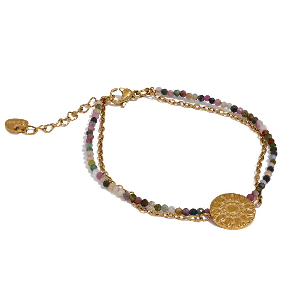 

JINYOU 2349 Colorful Tourmaline Beads Chain Handmade Stainless Steel Bohemian Stacking Bracelet Bangle Women Charm Jewelry Gift