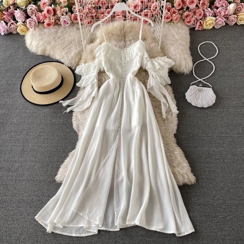 

Beach Dress white Summer Long Ins Fashion Elegant Ruffles Off Shoulder Backless Sling Female Vestidos Chiffon Dress Maxi