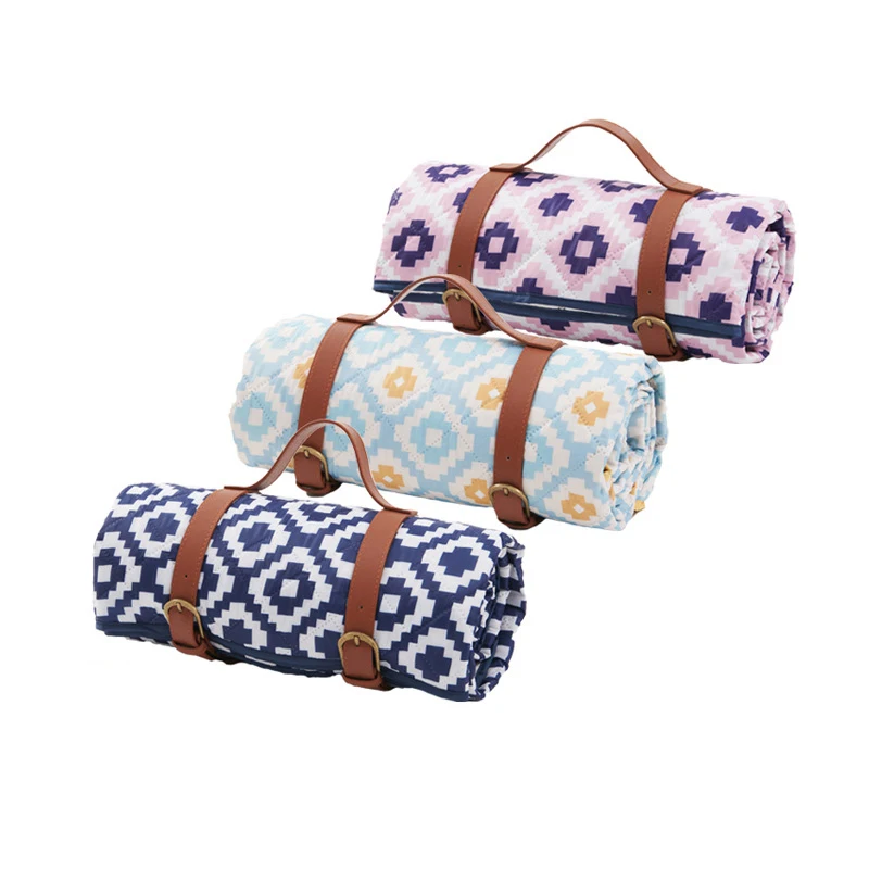 

Custom 4 layer Large polyester travel foldable Waterproof Camping Mat Picnic Blanket for outdoors beach with belt handle