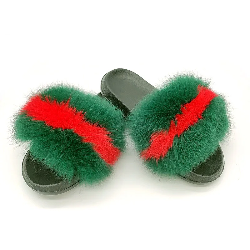 

Ladies Lastest Design Solid Color Hotsale Winter Fox Fur Slippers Slides For Women, Colours