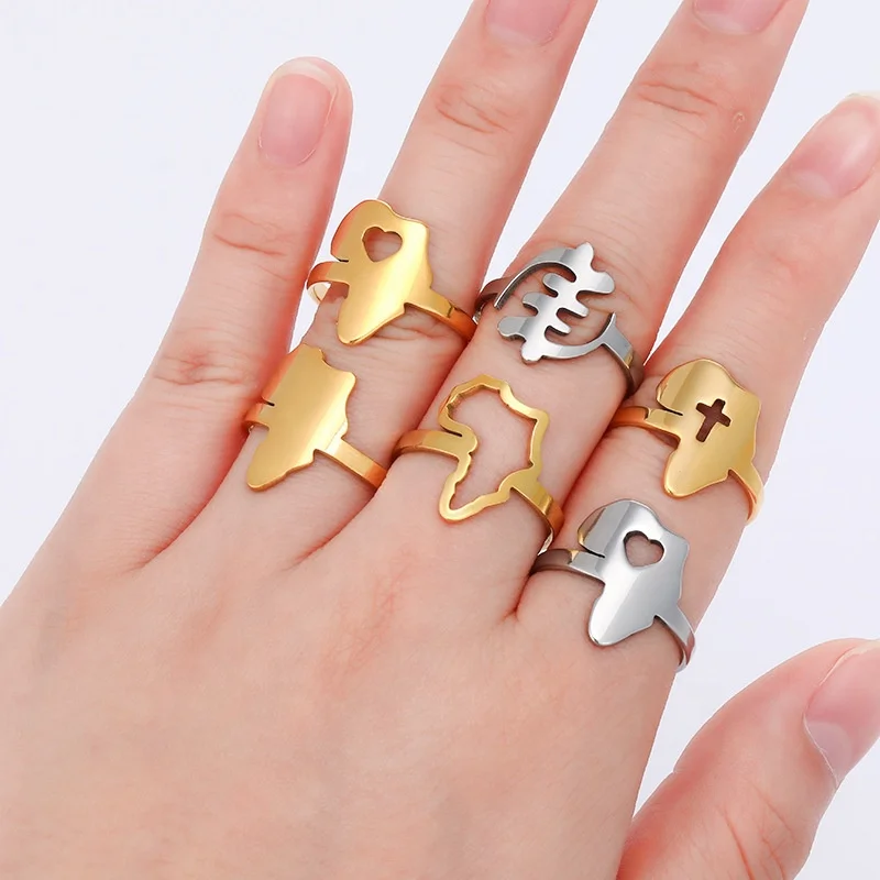 

Hot Sale Waterproof Stainless Steel Jewelry 18K Gold PVD Hollow Africa Map Cross Heart Open Adjustable Finger Ring For Women
