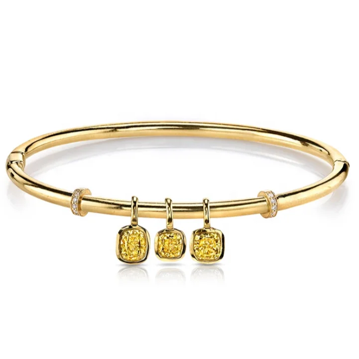 

HY lab grown loose cushion radiant diamond 18k solid gold golden yellow single triple stone dangle bangle