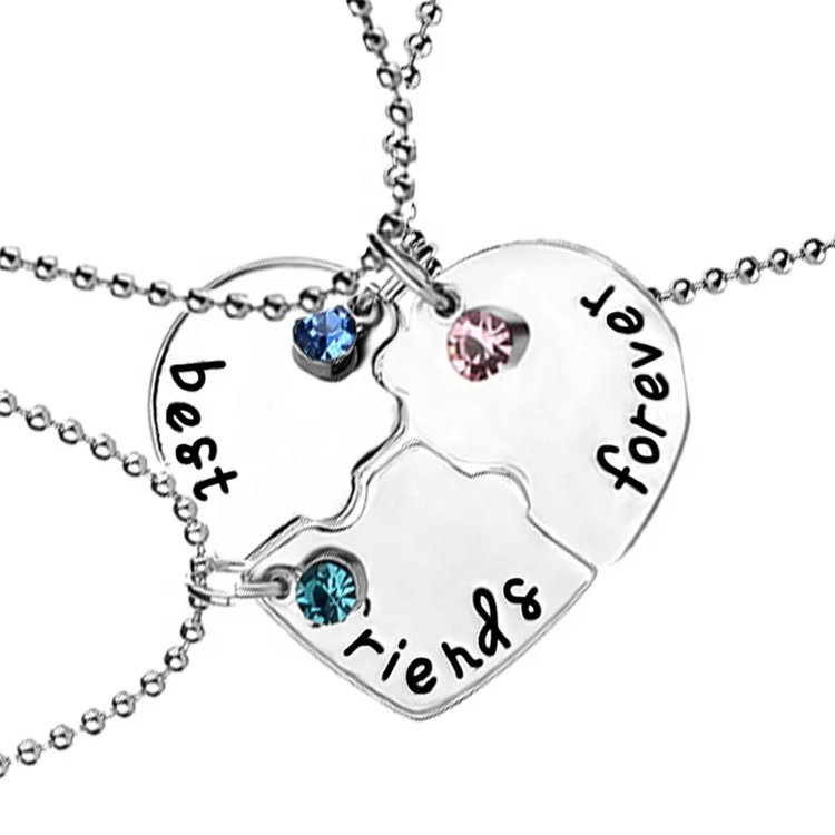 

3 Pcs/set Best Friends Forever Alloy Silver Plated Inlay Rhinestone Broken Heart Shape Pendant Necklace For Gift