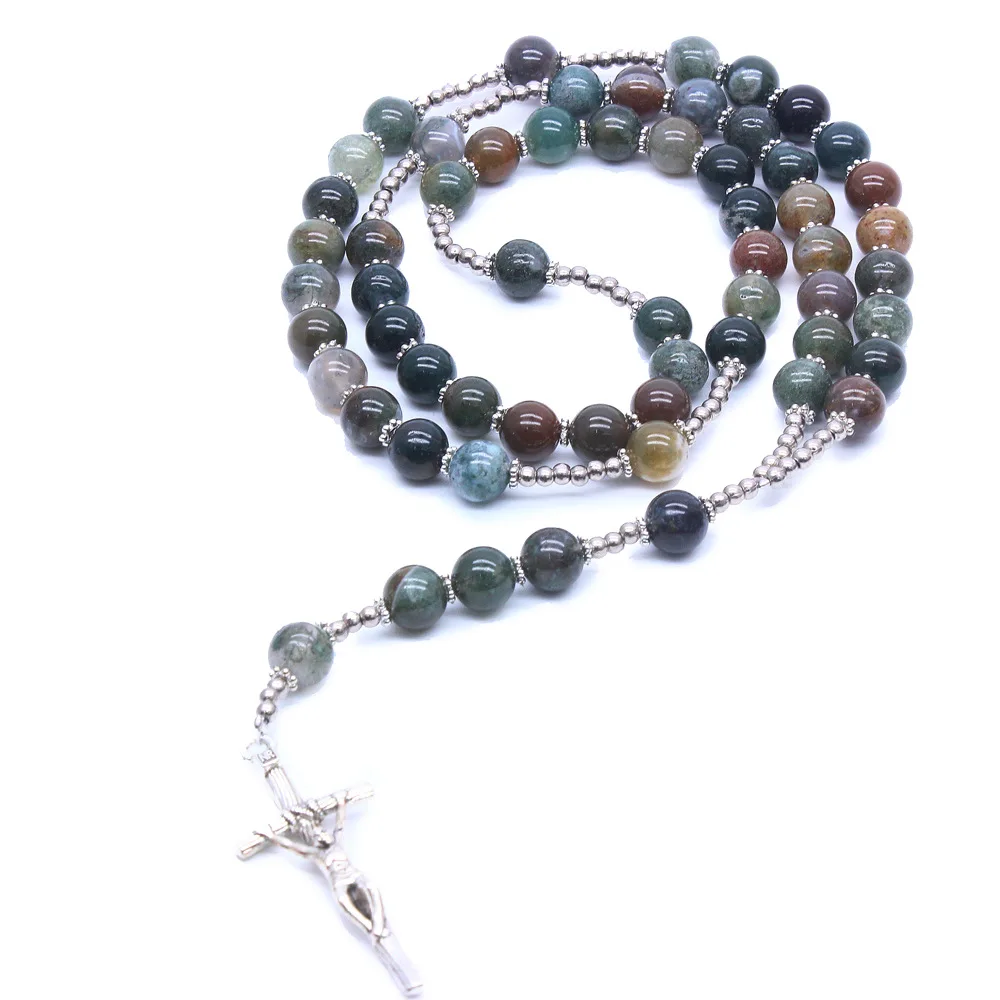 

2021 Hot Religious Natural Stone Catholic Rosary Agate Beads Religious Prayer Christian Crucifix Cross Necklace
