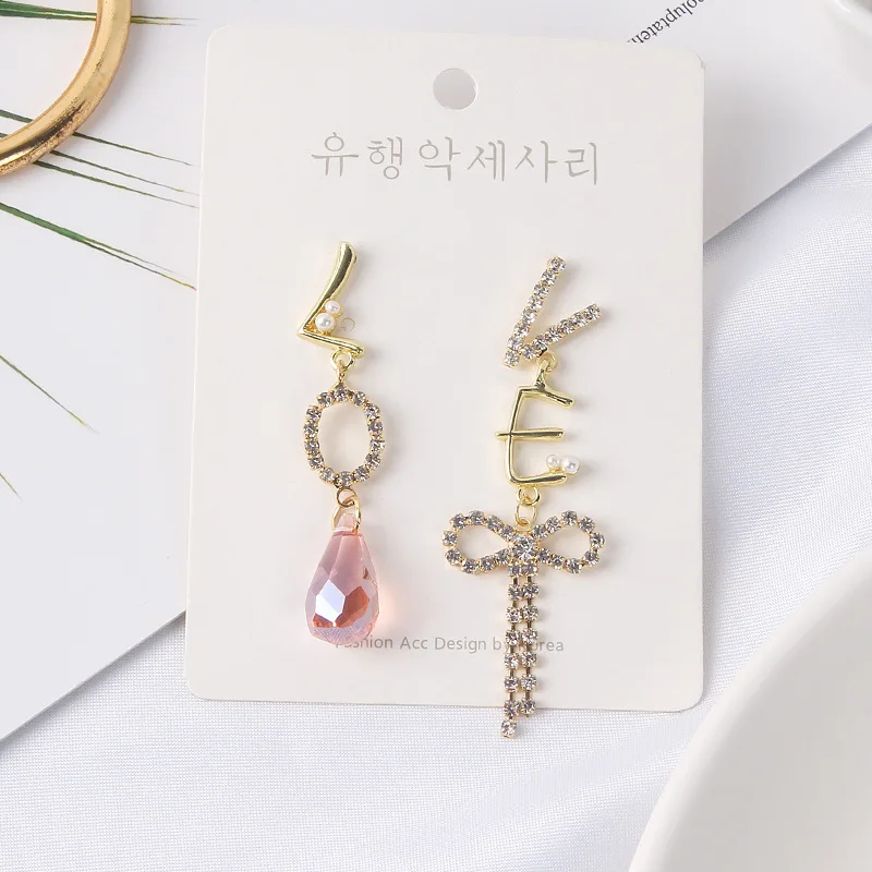 

Korean Drop Earrings LOVE Letter Bowknot Designer Crystal Teardrop Earrings with 925 Silver Needle Long Tassel Earrings, Photo