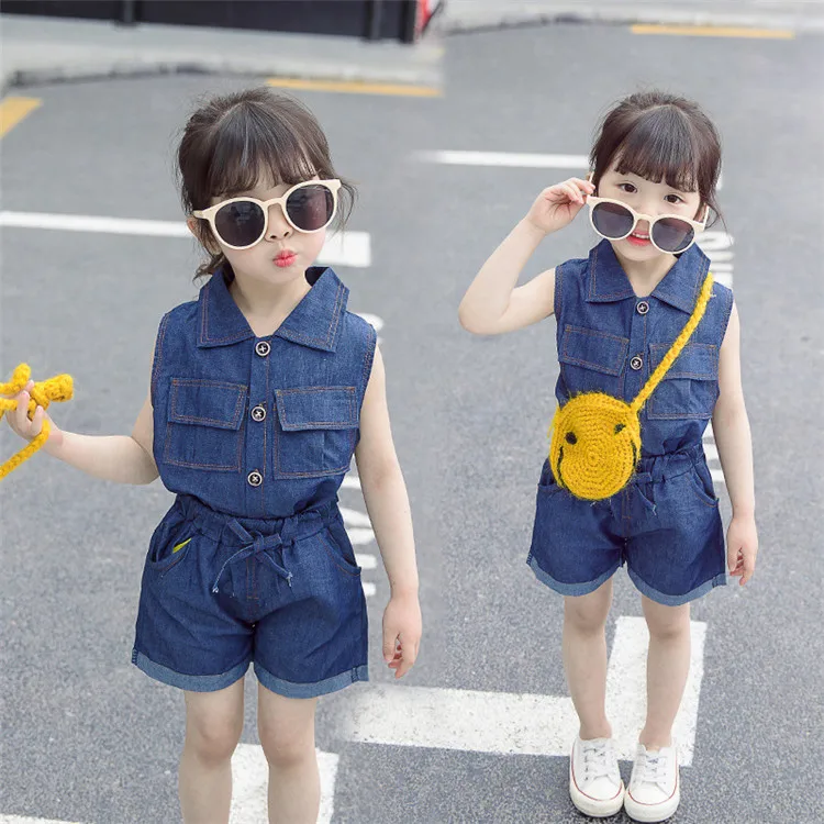 

Summer Sets for Girls Denim Set Sleeveless Top+Jeans Shorts Child Suit 2 Pcs Outfits Kids Clothing Sets Boutique Toddler Clothes, Blue