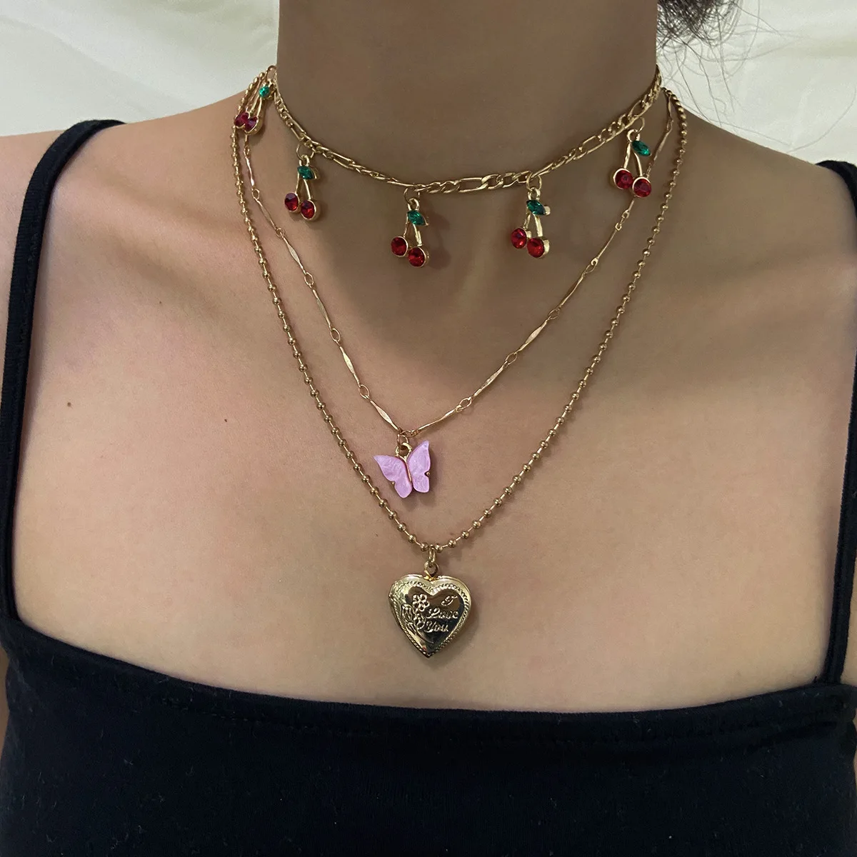 

2021 american popular women fashion personal cute cherry rhinestones geometric multi-layered small butterfly jewelry necklace, Picture shows