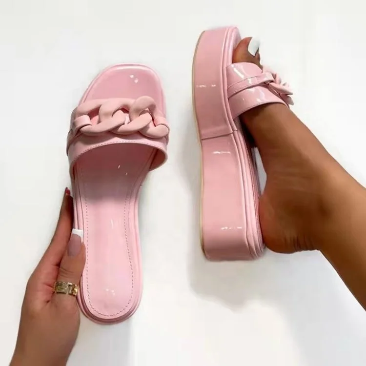 

Summer New Thick Sole Platform Metal Chain Transparent Strap Pink Shoes Height Increasing Wedge Chunky Heel Women Slipper, Pink/black/brown/camel