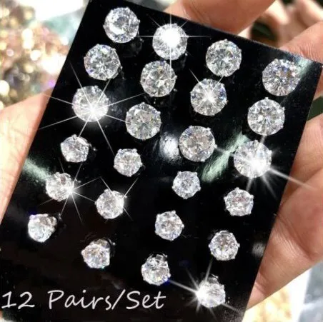 

European American New 12 Pairs/set Crystal Zircon Stud Earrings Set for Women, Picture shows