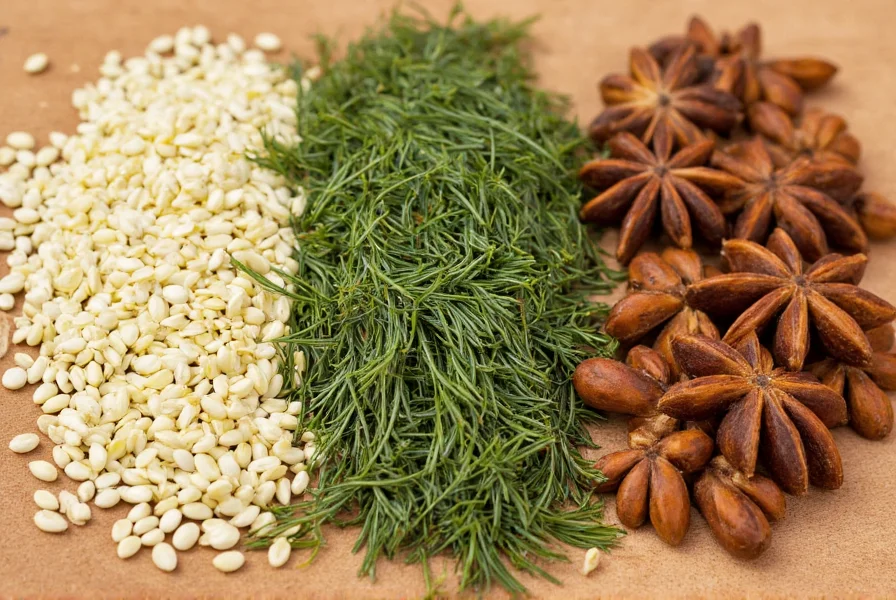 Close-up comparison of fennel seeds, dill seeds, and anise seeds on wooden background