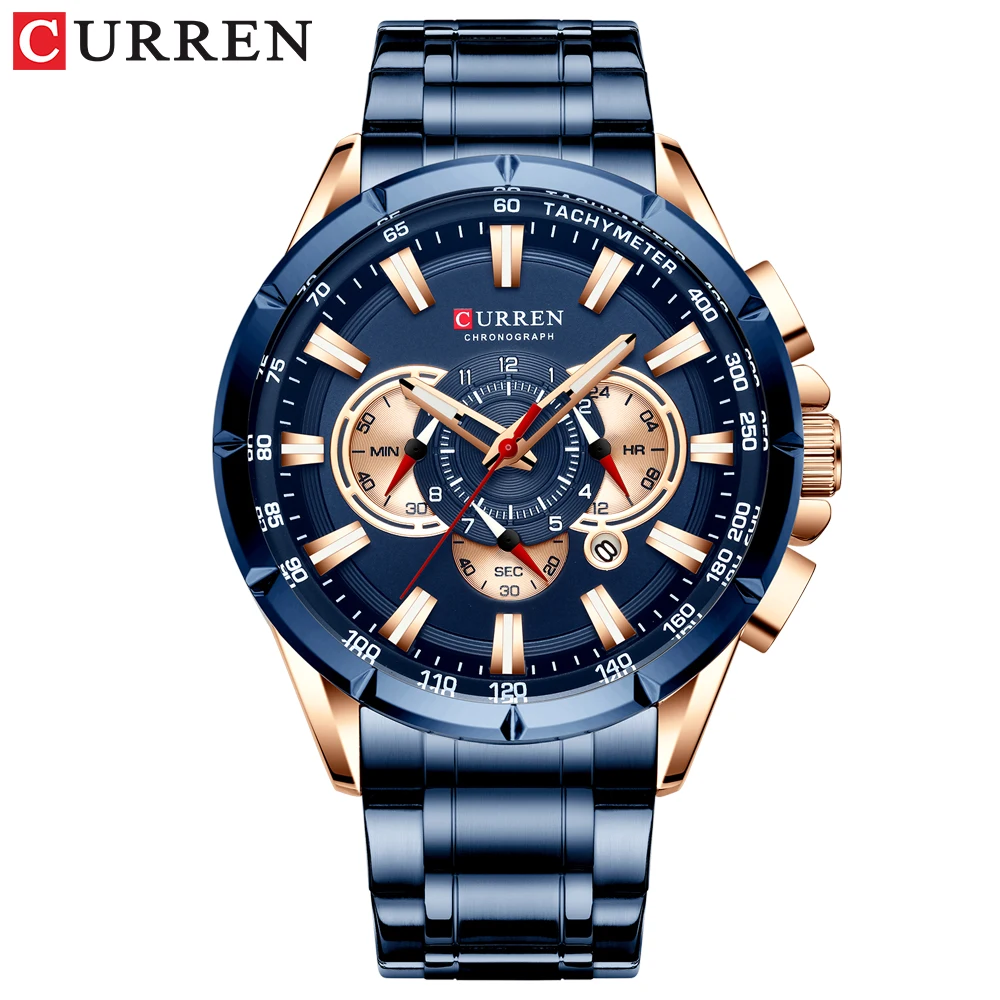 

CURREN 8363 New Design Blue Men's Watch Chronograph Stainless Steel Belt Watch For Man 3atm Water Resistant relojes curren