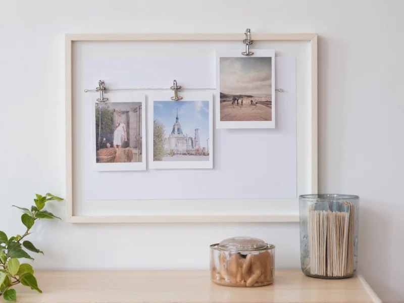 Bolt photo display with wire and eye bolts holding photographs