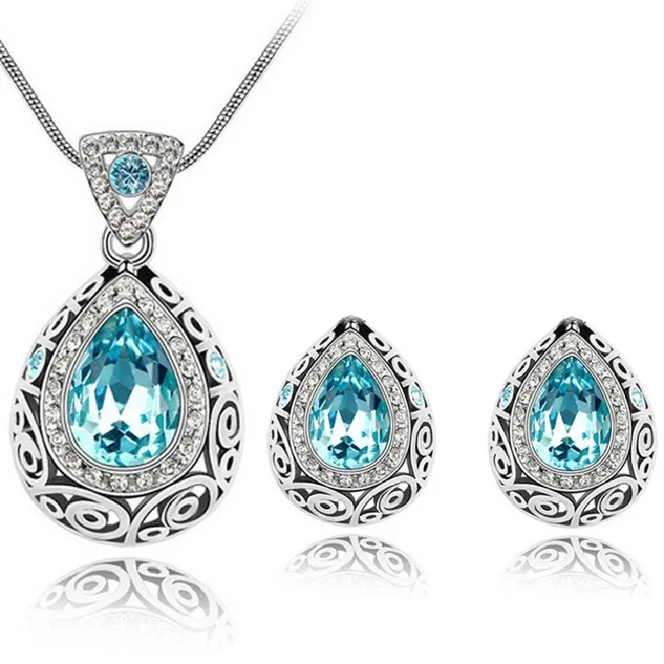 

New Design Luxury Blue Crystal Rhinestone Waterdrop Necklace Earrings Cubic Zircon Sapphire Bridal Jewelry Set for Elegant Women