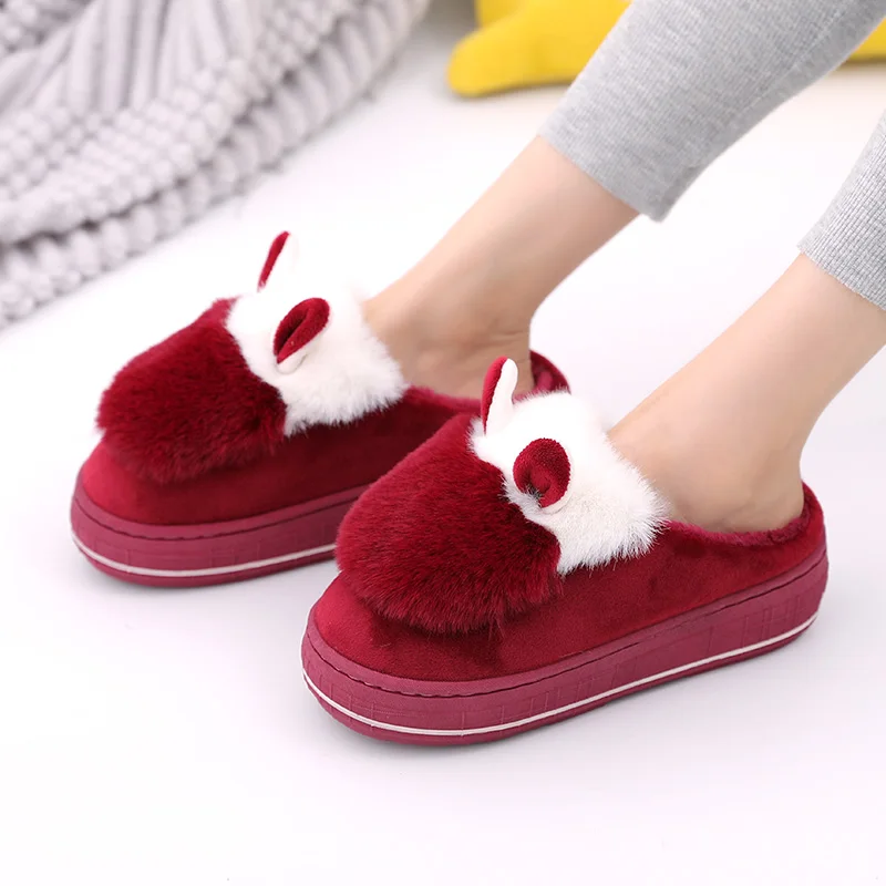 

Thicker Winter Cotton Wool Fluff Slippers Warm Anti-Skid Slides Household Outdoor For Women Elderly, Solid color