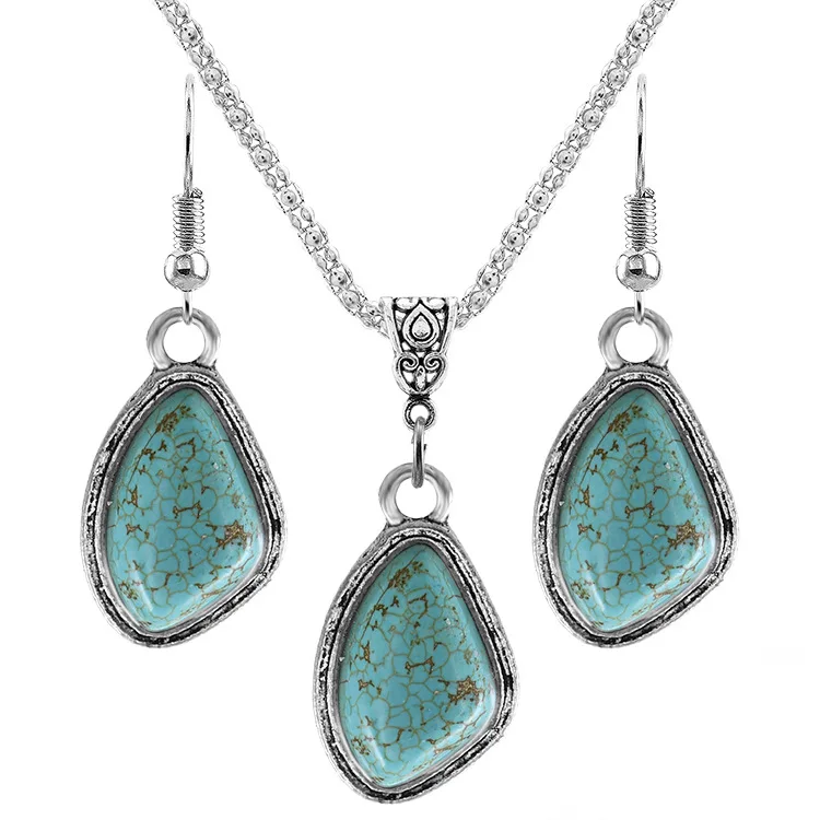 

New Arrival Ethnic Antique Silver Jewelry Set Boho Gem Pendant Jewelry Set Retro Turquoise Earrings Necklace for Women