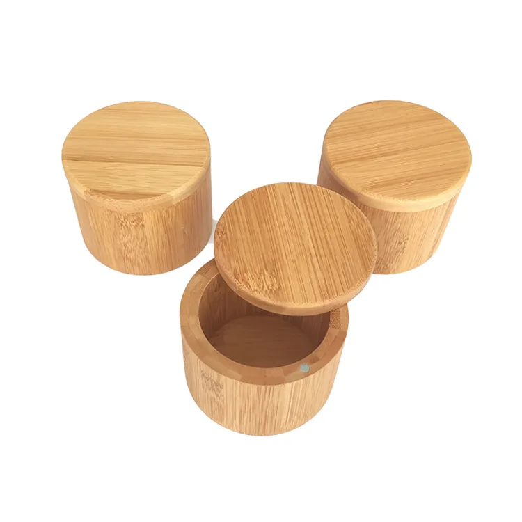 

Eco-Friendly Round Bamboo Salt Box Kitchen Accessories Spice Jar Condiment Container Salt And Pepper Storage, Natural bamboo color