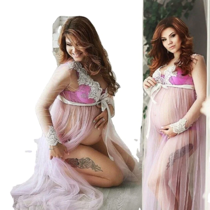 

Lace V-Neck Maternity Dresses For Photo Shoot Pregnant Woman Clothes Long-length Photography Props