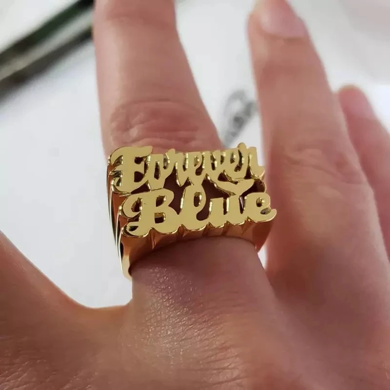 

2021 Fashion New Monochrome Name Rings 18k Gold-plated Carved Double Finger Personalized Ring, Gold/rose gold/silver/two-tone