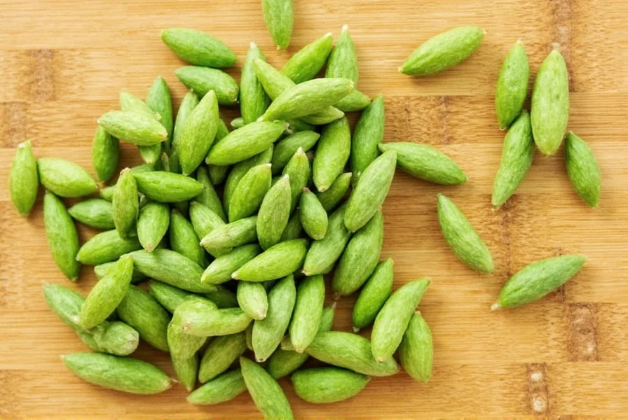 Close-up photography of green cardamom pods, black cardamom pods, and loose cardamom seeds on wooden background