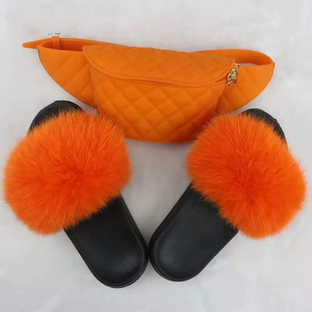 

Factory direct sales custom fur slides and fruit puree suits The most popular summer fur slides and matching wallets, Multi color
