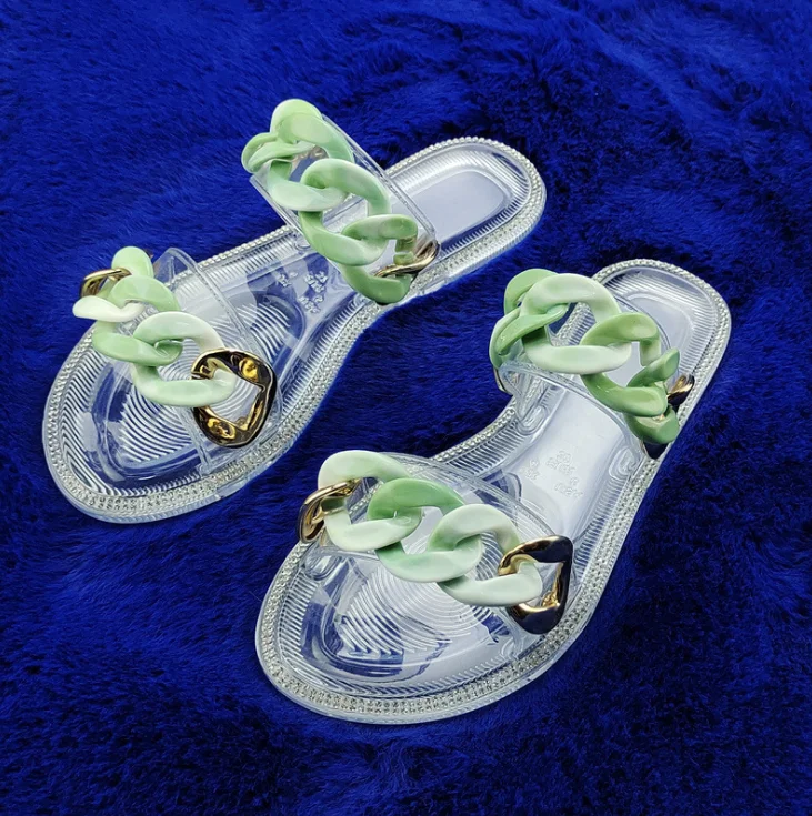 

LESLIDES Summer Ladies Jelly Shoes Shiny Sexy Women Slippers Transparent Casual Women Glitter Flip Flop With Metal Large Chain