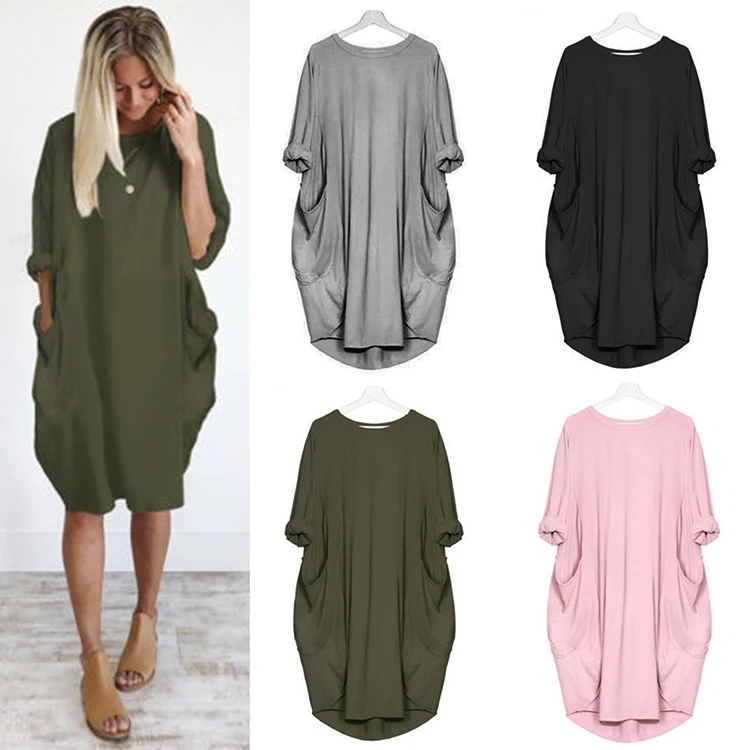 

Wholesale Fat Women Clothing Plus Size Solid Color Pocket Loose Casual Dress