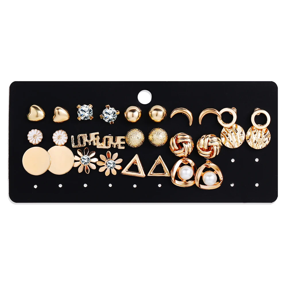 

Fashion 14 Pairs Gold Color Rhinestone Flower Moon Heart Multi Element Stud Earrings Set for Women Girls