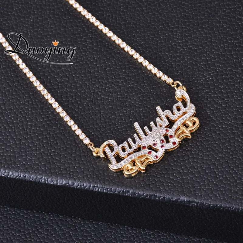 

2021Tennis Chain Gold Plated Colorful 3D Name Necklace Birthstone Zircon Chain Custom Double Nameplate Necklace Jewelry
