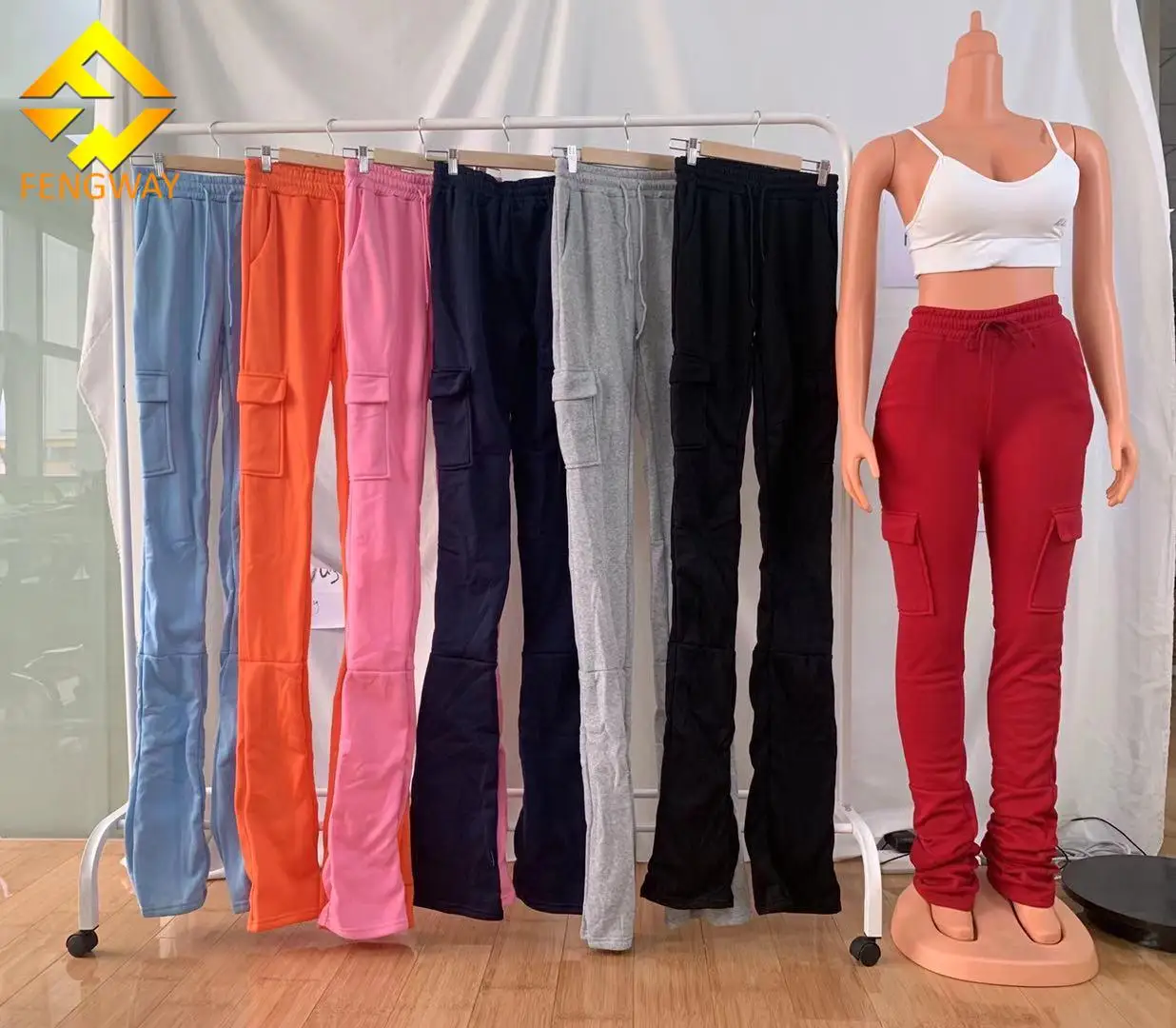 

Custom Hight Mid Bandage Pleated Pockets Natural Super Long Cotton Flare Pants Woman Fleece Thick Stacked Sweat Pants