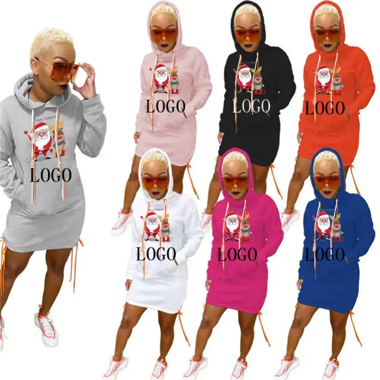 

High Quality Santa Claus Printed Bandage Pockets Women Casual Dresses Mini Party Dress Fall Clothing For Women