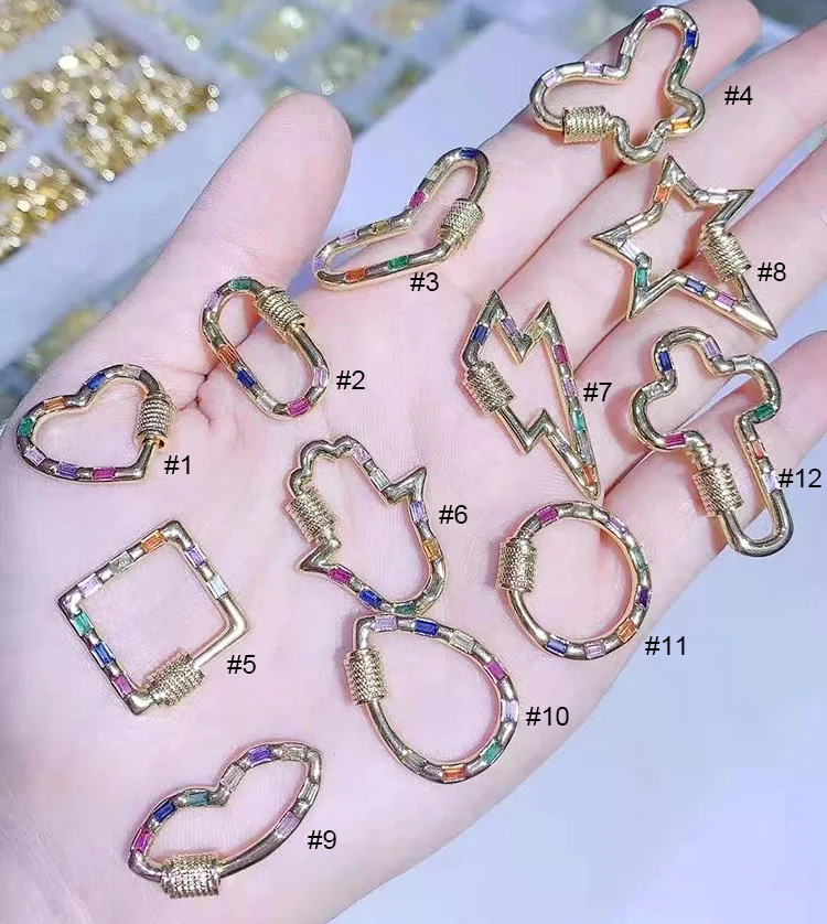

CZ8524 Fashion Rainbow CZ Pave Carabiner Lock, Gold Oval Screw Clasps Colorful Rectangle CZ Baguette Interlocking Clip Clasps