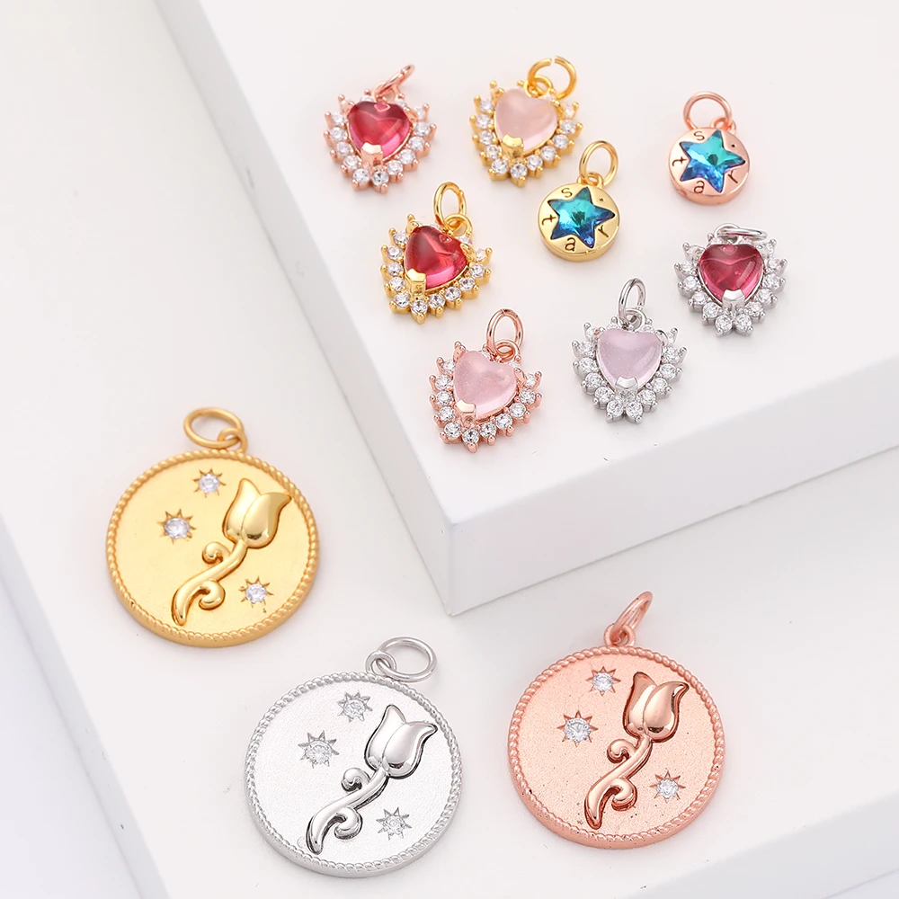

Exquisite 18k Gold Plated Jewelry Zircon Colorful Heart Rose Flower Star Pendant For Charm Necklace Making