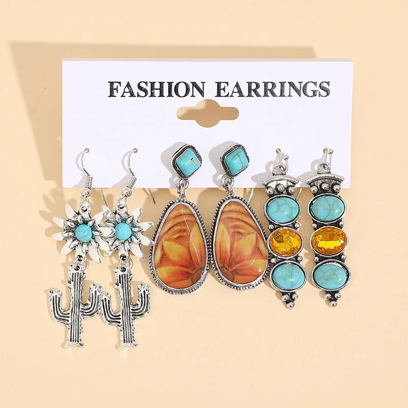 

Bohemian Celtic Cute 3 Pairs Western Concho Earrings Set Water Drop Turquoise Earrings Set For Woman