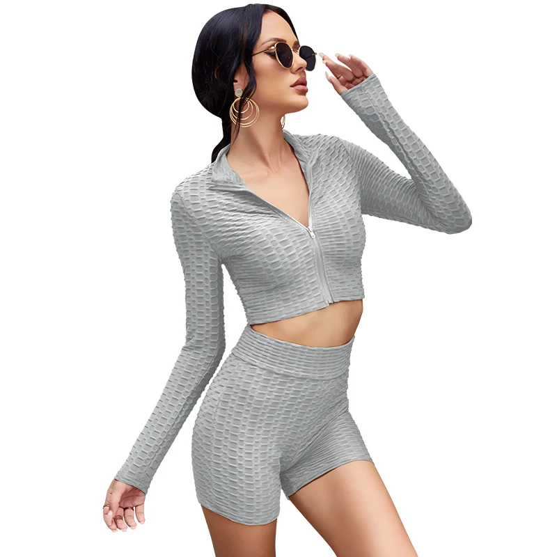 

Best Selling Casual Tracksuit Flexible Active Wear Women 2 Piece Long Sleeve Gym Yoga Sports Tops And Tight Shorts, As picture