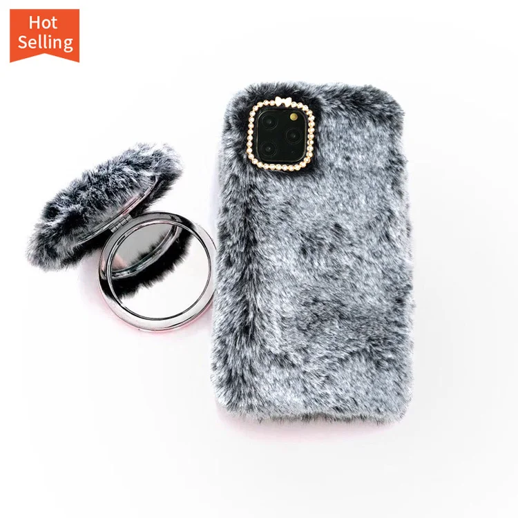 

Amazon Hot Winter Luxury Plush Rabbit Fur Fluffy Mobile Phone Case Cover For Iphone 11 Pro Max With Mirror