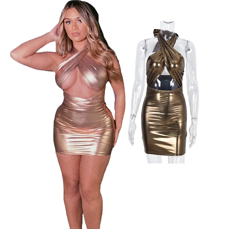 

2022 New Arrivals High Quality Casual Dress Pu Leather Summer Backless Dress Halter Cross Back Bra Leather Dress Women, Photo color