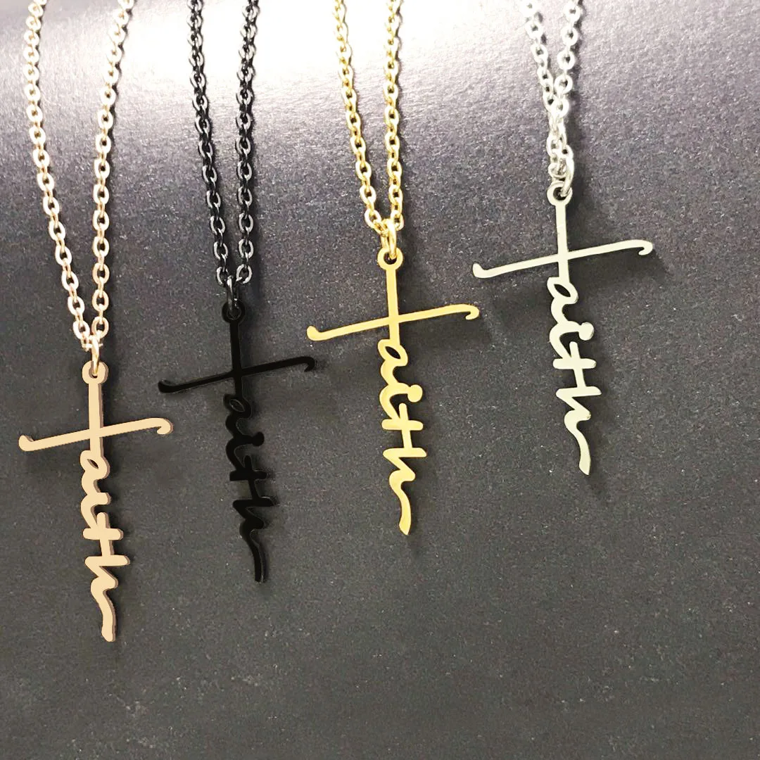 

Hot Sell Women Men Fashion Jewelry Gift New Encouragement Slogan Stainless Steel Small Faith Letter Word Cross Pendant Necklace, 4 choices