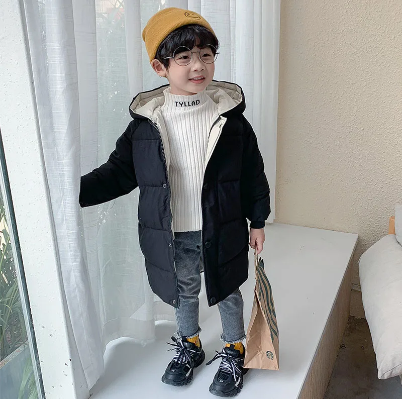 

Custom Children Warm Trench Clothes Boys Mid Length Puffer Jacket Solid Thicken Hooded Padded Kids Boy Winter Down Coat, Picture shows