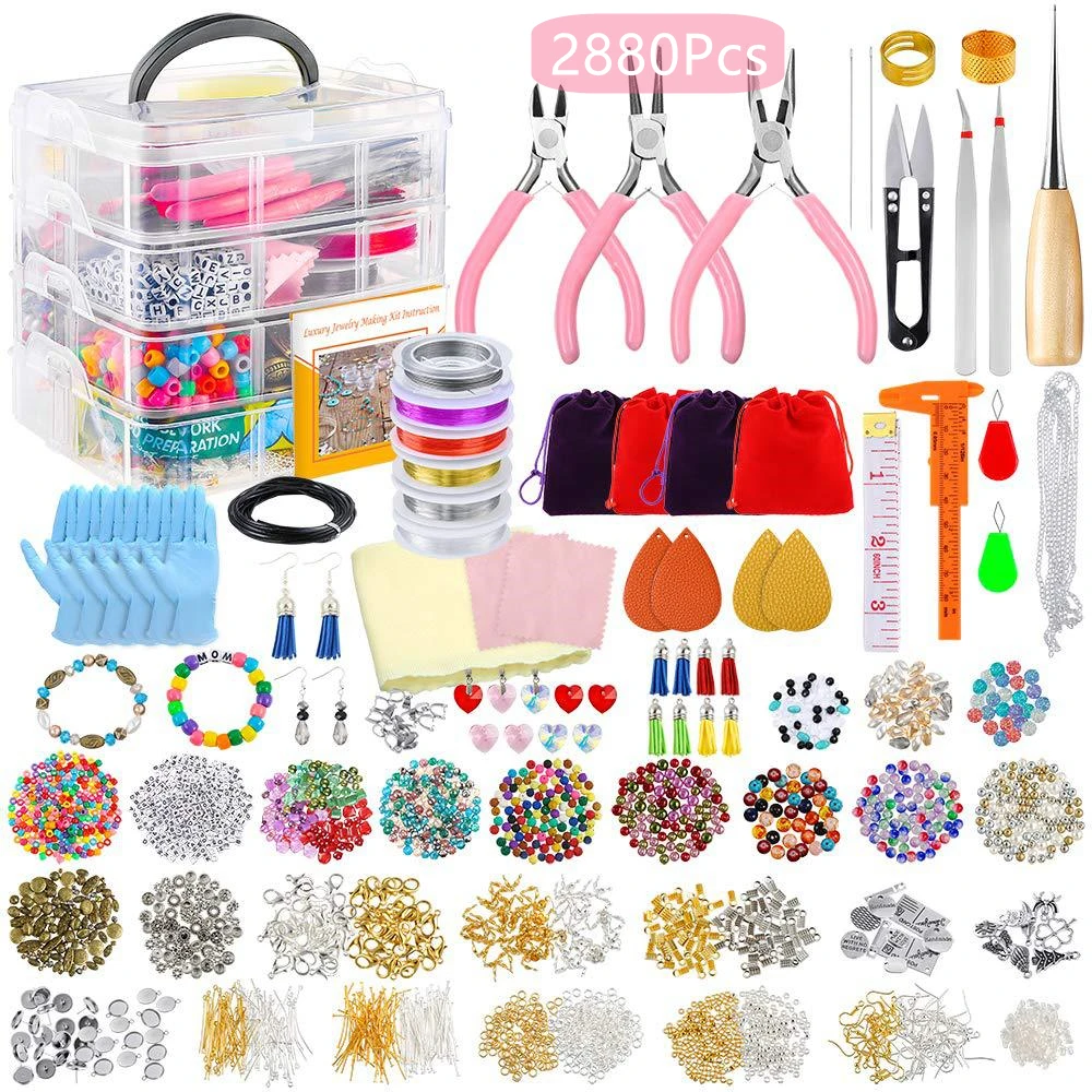 

Hobbyworker 4-layer 2880Pcs Beads Charms Findings Beading Wire Jewelry Making Kit Supplies For Bracelets Necklace Earrings, Picture