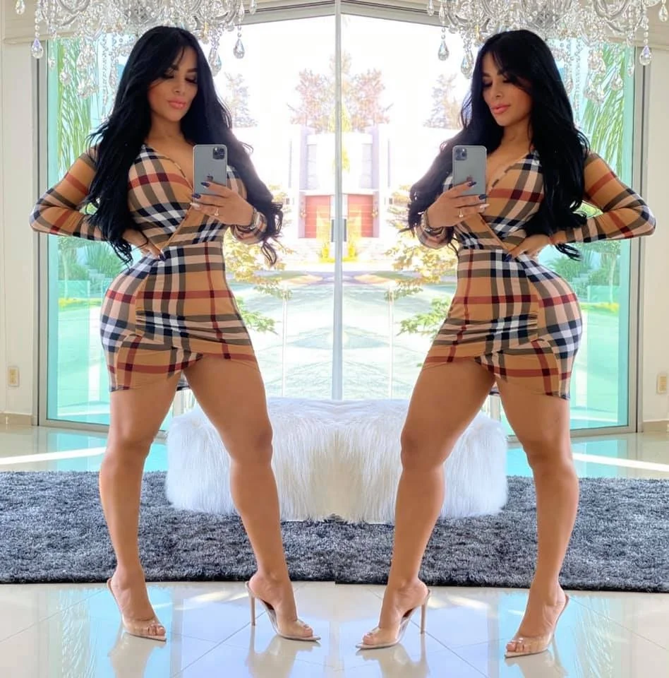 

Women's Fashion Plaid Dress Elegant V-neck Long Sleeve Skinny Short Skirt, Shown