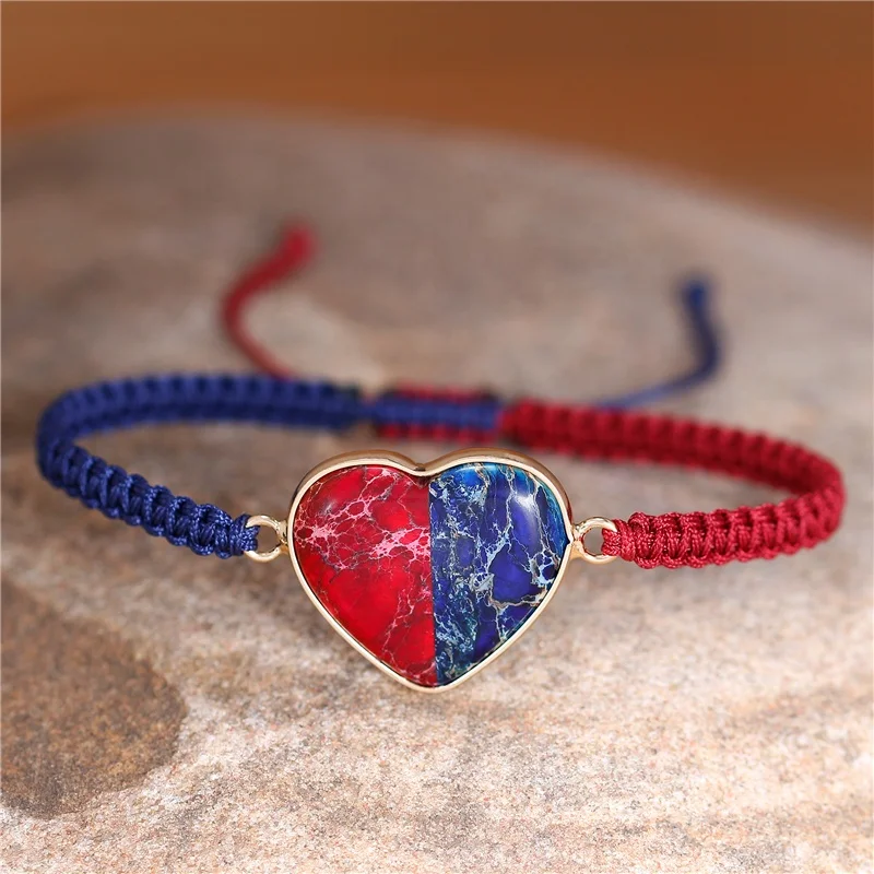 

Multi Colors Jasper Heart Charm Braided Bracelet Natural Stone Boho Wrap Bracelet Friendship Lover's Jewelry Gift Wholesale