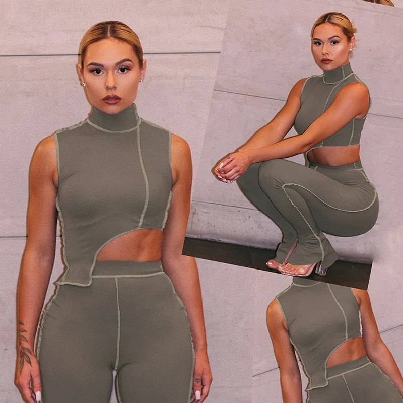 

Wholesale 2020 new fashion 2 piece set women clothing cut out top stacked flare pants high waist grey set, Photo shows