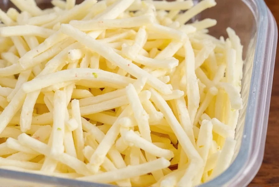 Close-up of pepper jack shredded cheese showing white cheese strands with visible red and green pepper flecks in a clear container