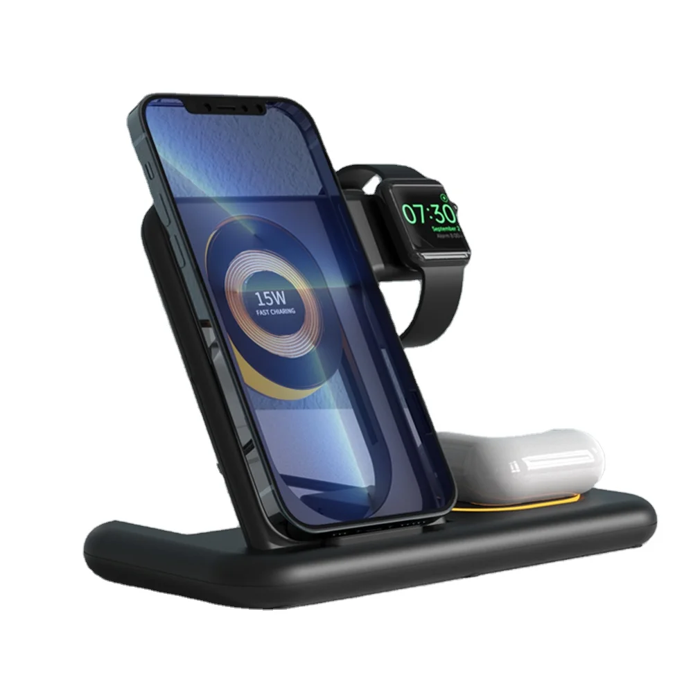 

Home Desktop Multifunctional 3 In 1 Wireless Charger Station Fast Phone Charger Holder With Led