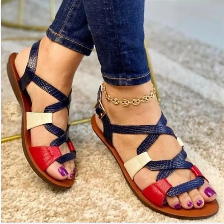 

Faux croc embossed summer women shoes flat heel colour block cross strap lady slingback sandals open toe female footwear